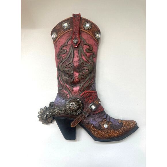 Vintage Style Cowgirl Boot with Spur Rustic Boho Multicolor Wall Decor - Picture 2 of 7